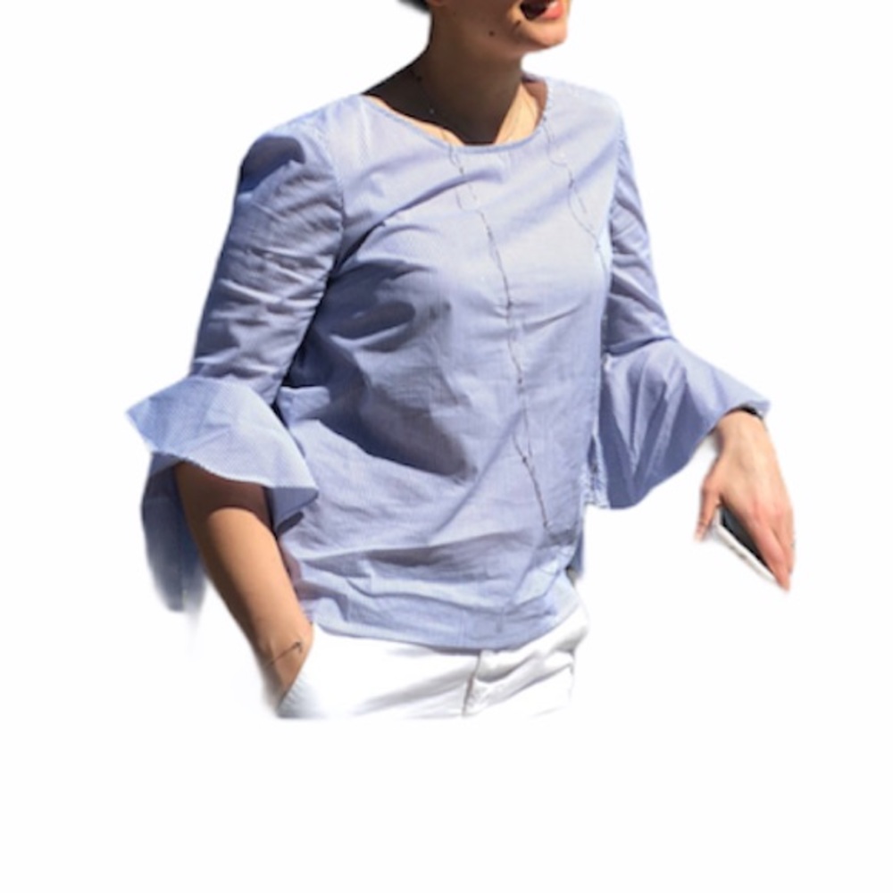 BCX Blue and White Striped Ruffled Bell sleeve Top